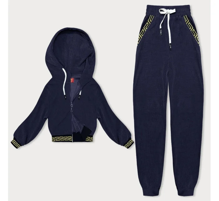 Tmavo modrý teplákový rebrovaný komplet s ozdobnými sťahovacími lemami (AMG-345A) Tmavo modrý teplákový rebrovaný komplet s ozdobnými sťahovacími lemami (AMG-345A)