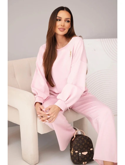Dámský komplet máslová mikina s broží a kalhoty s model 21949312 nohavicí tmavě pudrově růžová - K-Fashion