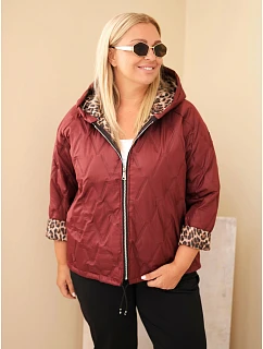 Dámská bunda Plus Size s kapucí a leopardím lemováním bordó červená