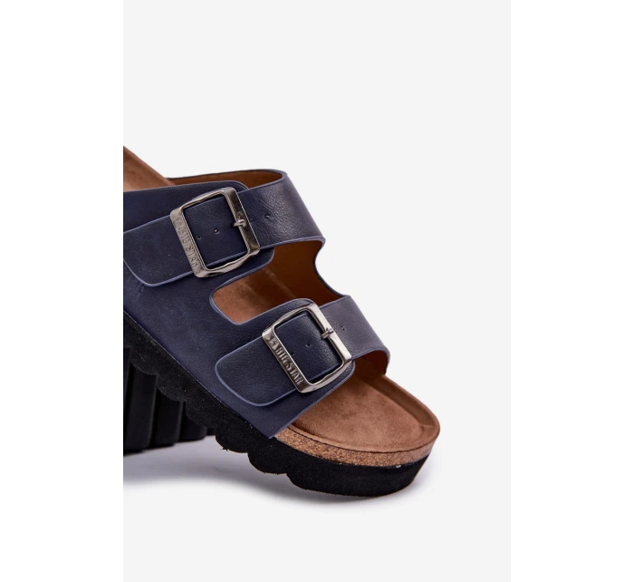 Lekkie Klapki Męskie Z Klamrami Eko Skóra Big Star NN174530 Granatowe Lekkie Klapki Męskie Z Klamrami Eko Skóra Big Star NN174530 Granatowe