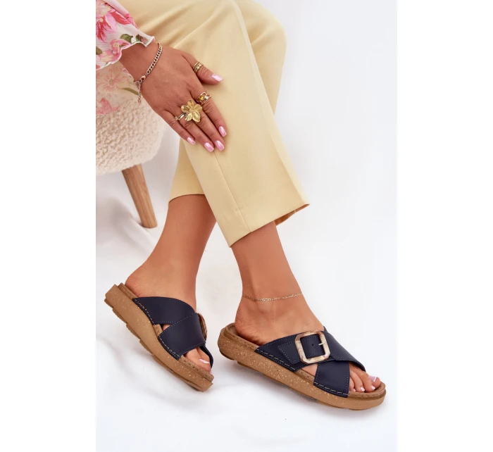 Dámské Kožené Klapky S Přezkou Tmavě Modré model 21702514 - Inblu