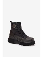 Skórzane Botki Damskie Na Platformie Z Napisami I Ozdobnym Detalem Artiker 57C2273 Czarne