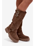 Kožené semišové dámské kozačky s přezkami zateplené Big Star model 21758942 béžové - Big Star Shoes