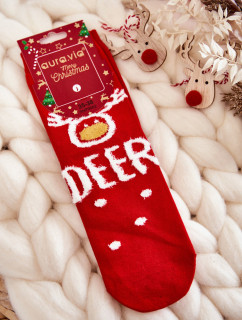 Dámske ponožky s vianočným vzorom v červenej farbe so sobmi