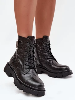 Skórzane Botki Damskie Z Efektem Marszczenia I Klamrą Artiker 57C1008 Czarne