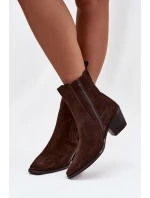 Semišové dámské boty na podpatku zateplené hnědé model 21747763 - Boto