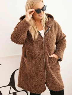 Dámsky kabát nadrozmernej veľkosti z viskózy so zipsom a kapucňou hnedej farby