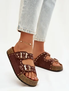 Dámské pantofle s zlatými sponami a knoflíky hnědé Tervina