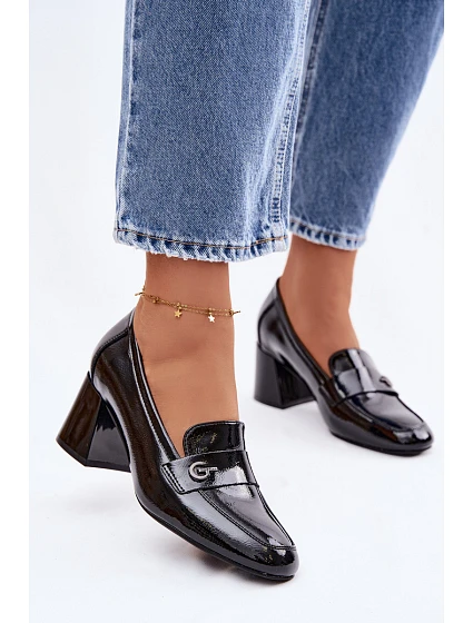 Kožené Lakované Dámské Lodičky na Podpatku Vinceza 18119 Černé