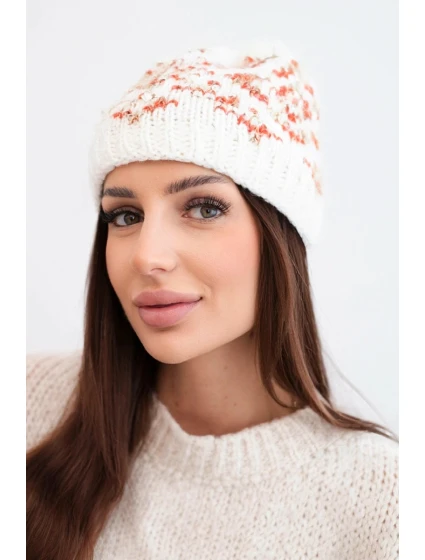Dámska zimná čiapka s farebnými vzormi a hrubým úpletom K353 white+orange