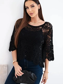 Dámský bavlněný prolamovaný svetr s krátkým rukávem a ozdobným vzorem černý