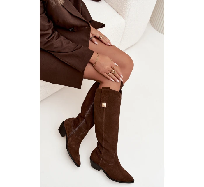 Kožené semišové kozačky cowboyové zateplené Zazoo 4224 čokoládové