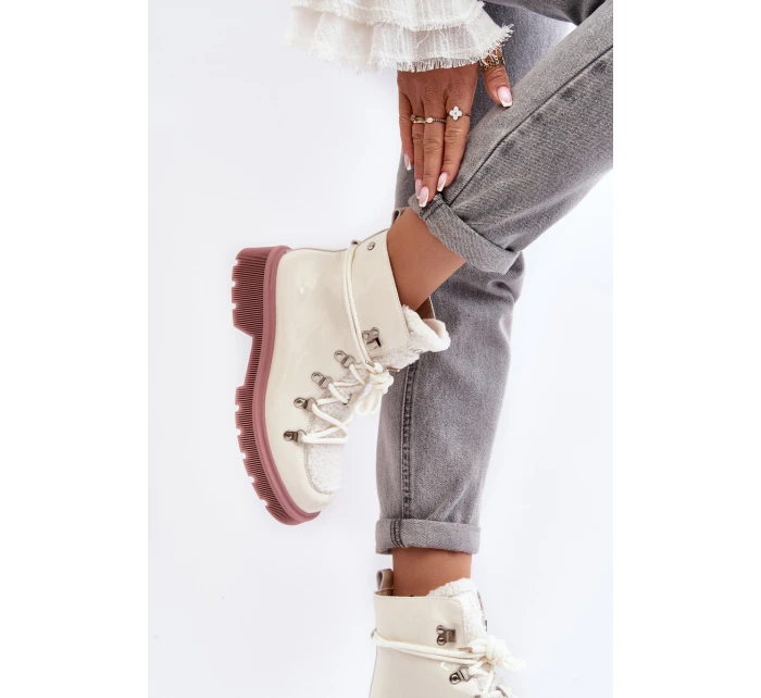 Lakierowane Skórzane Botki Trapery Damskie GOE MM2N4083 Białe