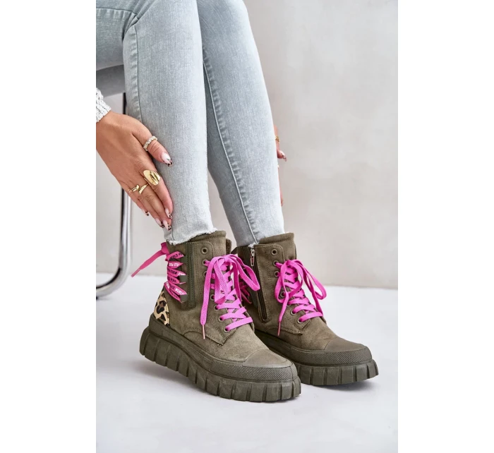 Dámske členkové topánky na platforme s ozdobným čipkovaným leopardím vzorom zelené Edidda Dámske členkové topánky na platforme s ozdobným čipkovaným leopardím vzorom zelené Edidda
