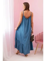 Dámské šaty na ramínka s volánem model 21130190 denim - K-Fashion Dámské šaty na ramínka s volánem model 21130190 denim - K-Fashion