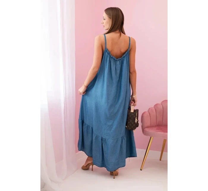 Dámské šaty na ramínka s volánem model 21130190 denim - K-Fashion Dámské šaty na ramínka s volánem model 21130190 denim - K-Fashion