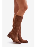 Zamszowe Kozaki Damskie Do Połowy Łydki Na Zamek Lewski 3616 Brązowe