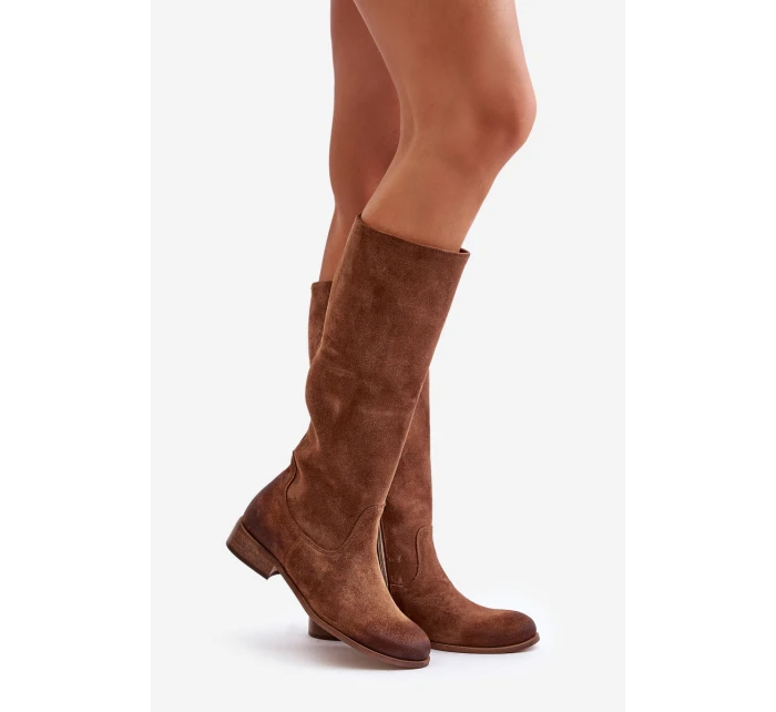 Zamszowe Kozaki Damskie Do Połowy Łydki Na Zamek Lewski 3616 Brązowe