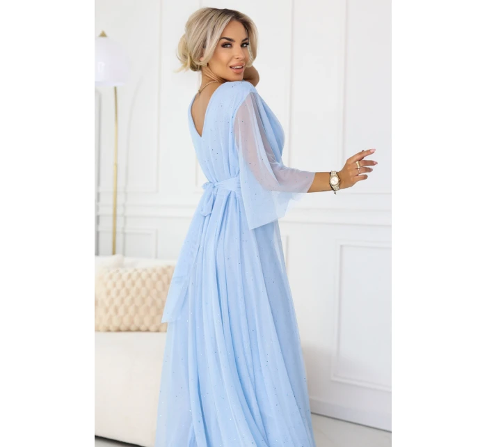 Dlouhé třpytivé plus size šaty s výstřihem a rukávy modré model 21957849 - numoco basic