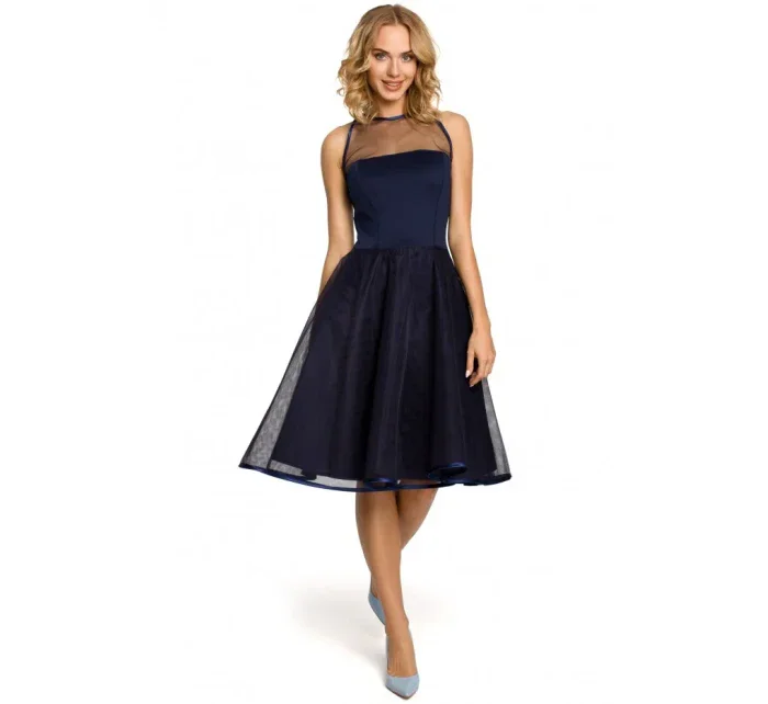 M148 Večerné šaty ku kolenám so sieťovaným sedlom - čierne M148 Večerné šaty ku kolenám so sieťovaným sedlom - čierne