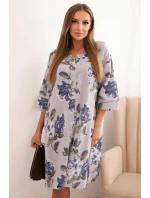 Dámská bavlněná šaty s květinovým vzorem a 3/4 rukávem šedá Dámská bavlněná šaty s květinovým vzorem a 3/4 rukávem šedá