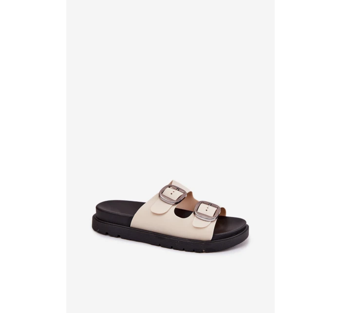 Klapki Damskie Z Klamrami Na Platformie Beżowe Elamas