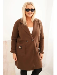 Dámsky elegantný kabát s golierom a veľkými vreckami čokoládová