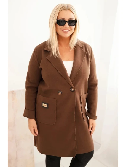 Dámsky elegantný kabát s golierom a veľkými vreckami čokoládová