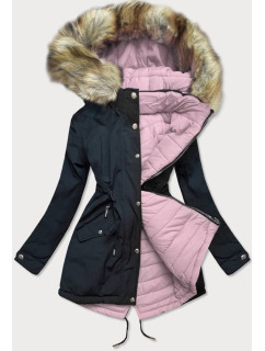 Tmavo modro-ružová obojstranná dámska zimná bunda s kapucňou (W211)
