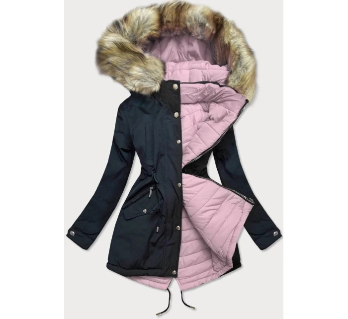 Tmavomodrá a ružová obojstranná dámska zimná bunda s kapucňou (w211) Tmavomodrá a ružová obojstranná dámska zimná bunda s kapucňou (w211)