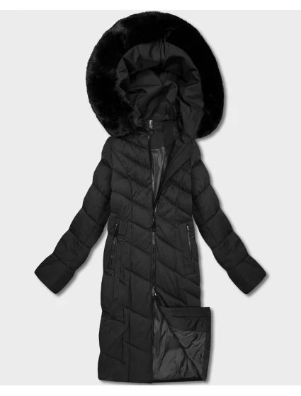 Čierna dámska dlhá bunda s kapucňou (7662#-F06)