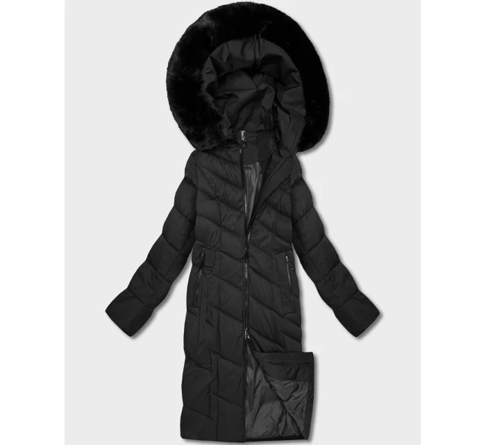 Čierna dámska dlhá bunda s kapucňou (7662#-F06)