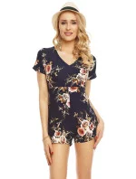 Overal dámsky Šortkové s krátkym rukávom kvetinový tmavomodrý - Tmavo modrá - Noémi Kent Paris Overal dámsky Šortkové s krátkym rukávom kvetinový tmavomodrý - Tmavo modrá - Noémi Kent Paris