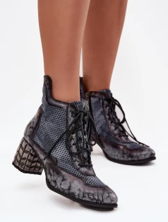 Kožené dámské kotníkové boty na podpatku model 21713970 šedé - Maciejka