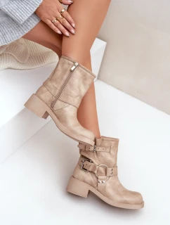 Dámske kožené členkové topánky s nízkym blokovým podpätkom a remienkami Zazoo 3644 Beige