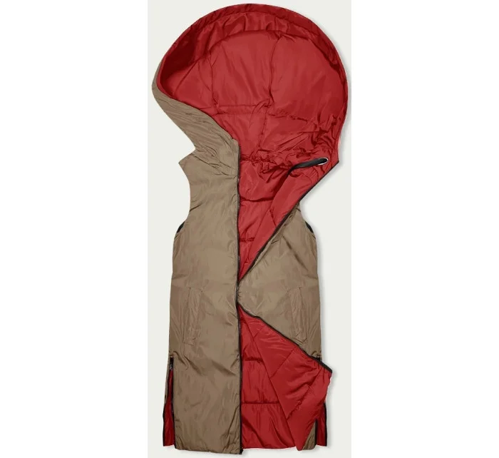 Dámska dlhá obojstranná vesta červenej a béžovej farby (B8248-4)