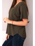 Dámsky sveter s krátkym rukávom a výstrihom do V v khaki farbe