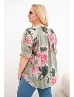 Dámske bavlnené Plus veľkosť V-neck blúzka v kvetinovej Khaki vzor