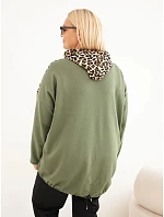 Dámska mikina Plus Size z viskózy s kapucňou a leopardovými vložkami v khaki farbe
