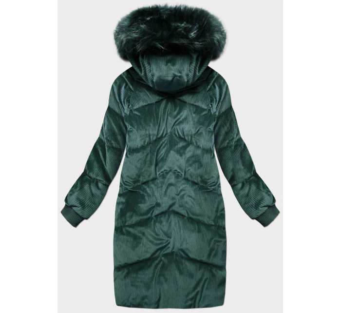 Dámska manšestrová zimná bunda s kapucňou fľaškovo zelená (7764)