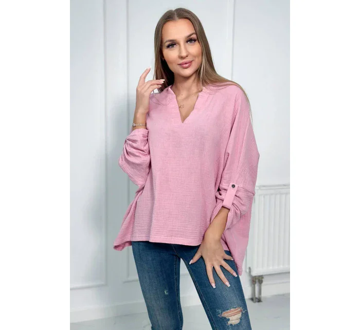 Mušelínová blúzka s vyhrnutými rukávmi svetlo ružová