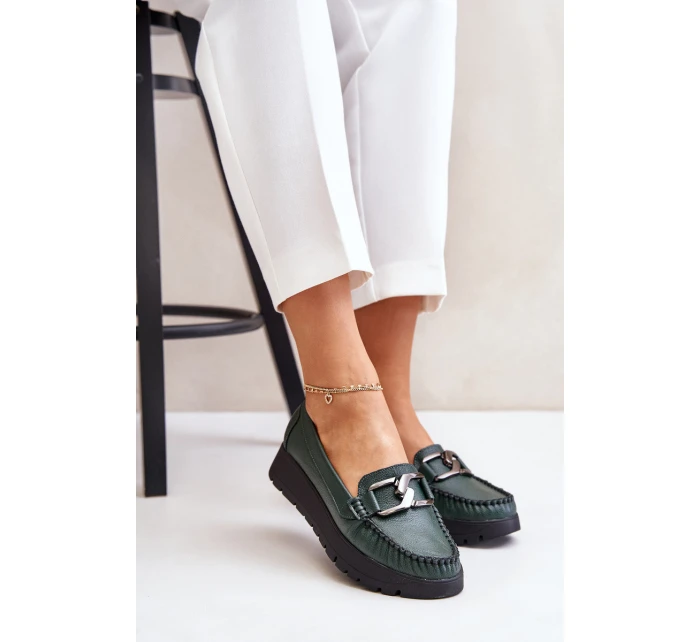 Zazoo 10141 Skórzane Mokasyny Na Platformie Z Ozdobą Ciemnozielone