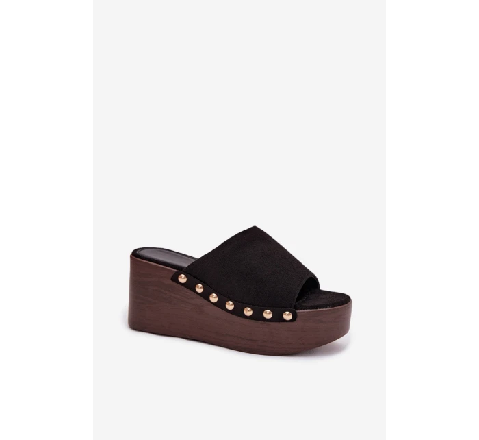 Dámské nazouváky na platformě se zlatými přezkami Eko semiš Černé Helivina Dámské nazouváky na platformě se zlatými přezkami Eko semiš Černé Helivina