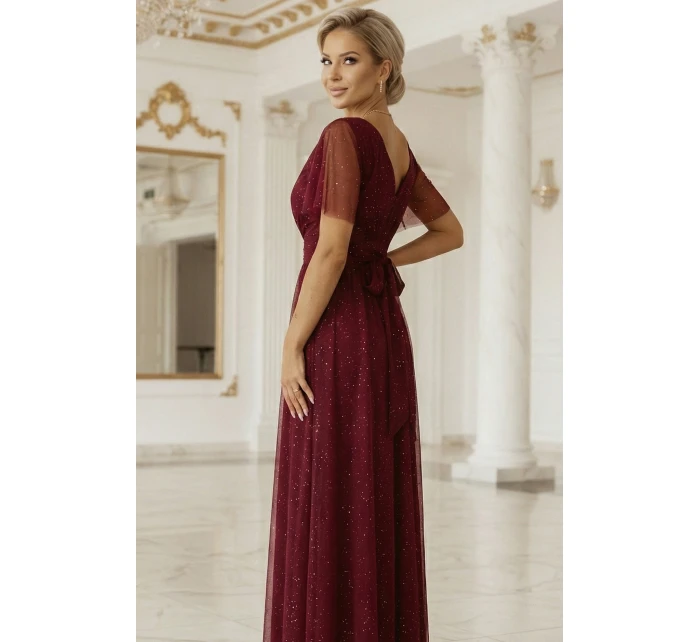 635-5 MELANIA dlhé lesklé šaty s výstrihom a krátkymi rukávmi - bordové 635-5 MELANIA dlhé lesklé šaty s výstrihom a krátkymi rukávmi - bordové