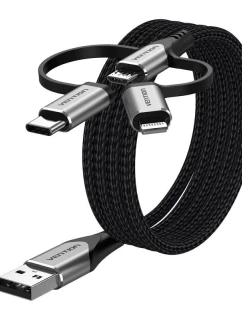Vention USB-A 3v1 Micro-B USB-C Lightning kábel 1 m sivý