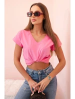 Dámska bavlnená blúzka s véčkovým výstrihom a krátkymi rukávmi svetlo ružová