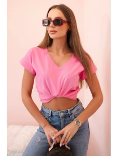 Dámska bavlnená blúzka s véčkovým výstrihom a krátkymi rukávmi svetlo ružová