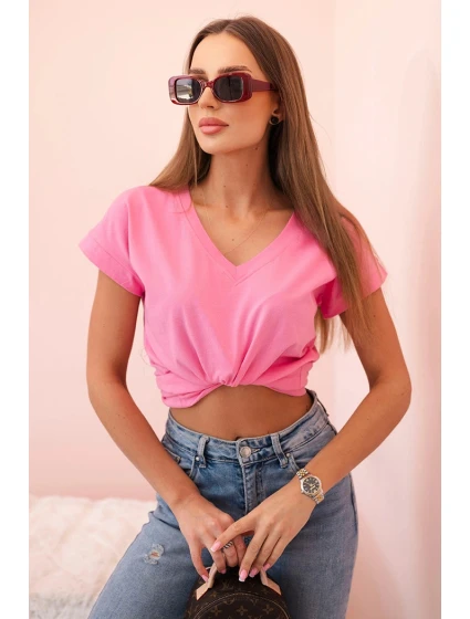 Dámska bavlnená blúzka s véčkovým výstrihom a krátkymi rukávmi svetlo ružová