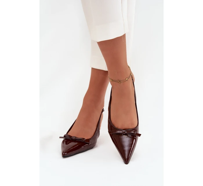 Lakierowane Czółenka Na Szpilce Z Kokardką Czekoladowe Olvena