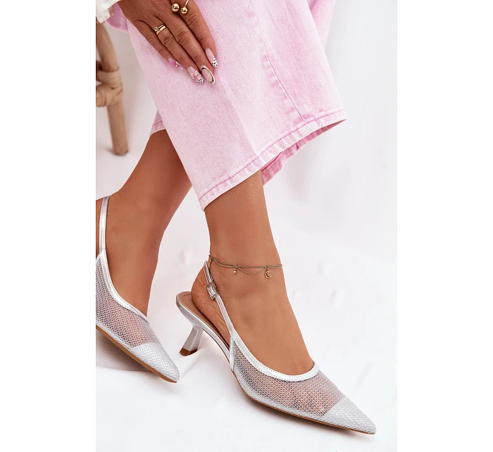 Calora Stříbrné Síťované Sandály Na Úzkém Podpatku